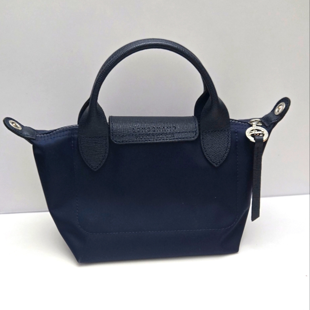 Longchamp Le Pliage XS mini tote Navy Blue Silver Handware Crossbody Top Handle - Picture 3 of 14
